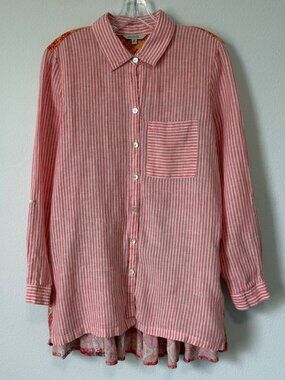 VINCENTE Long Sleeve Button Up Multi-Print Linen Blend Tunic Shirt Size M